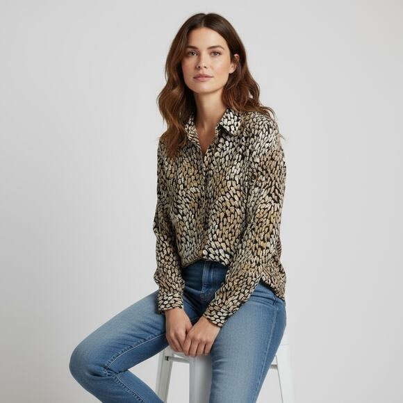 Liz Baker Women's 12 Black & Brown Brushstroke Satin Button Up Blouse Career - Picture 3 of 7